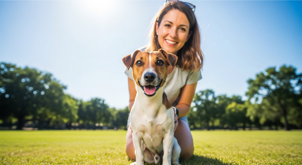 A woman in the park with her newly adopted dog