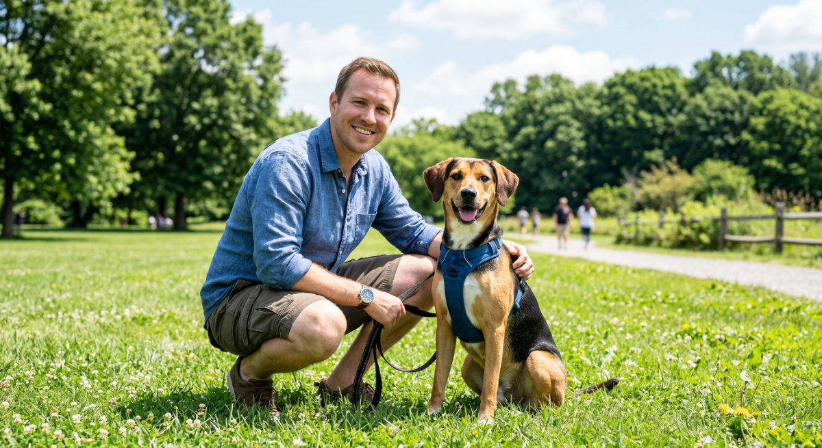 A man in a park with his adopted dog