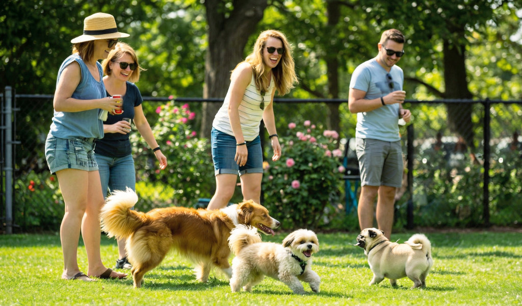 A group of people playing with their dogs