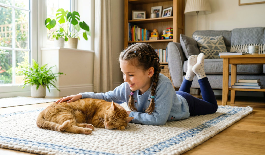 A girl petting a cat in a living room